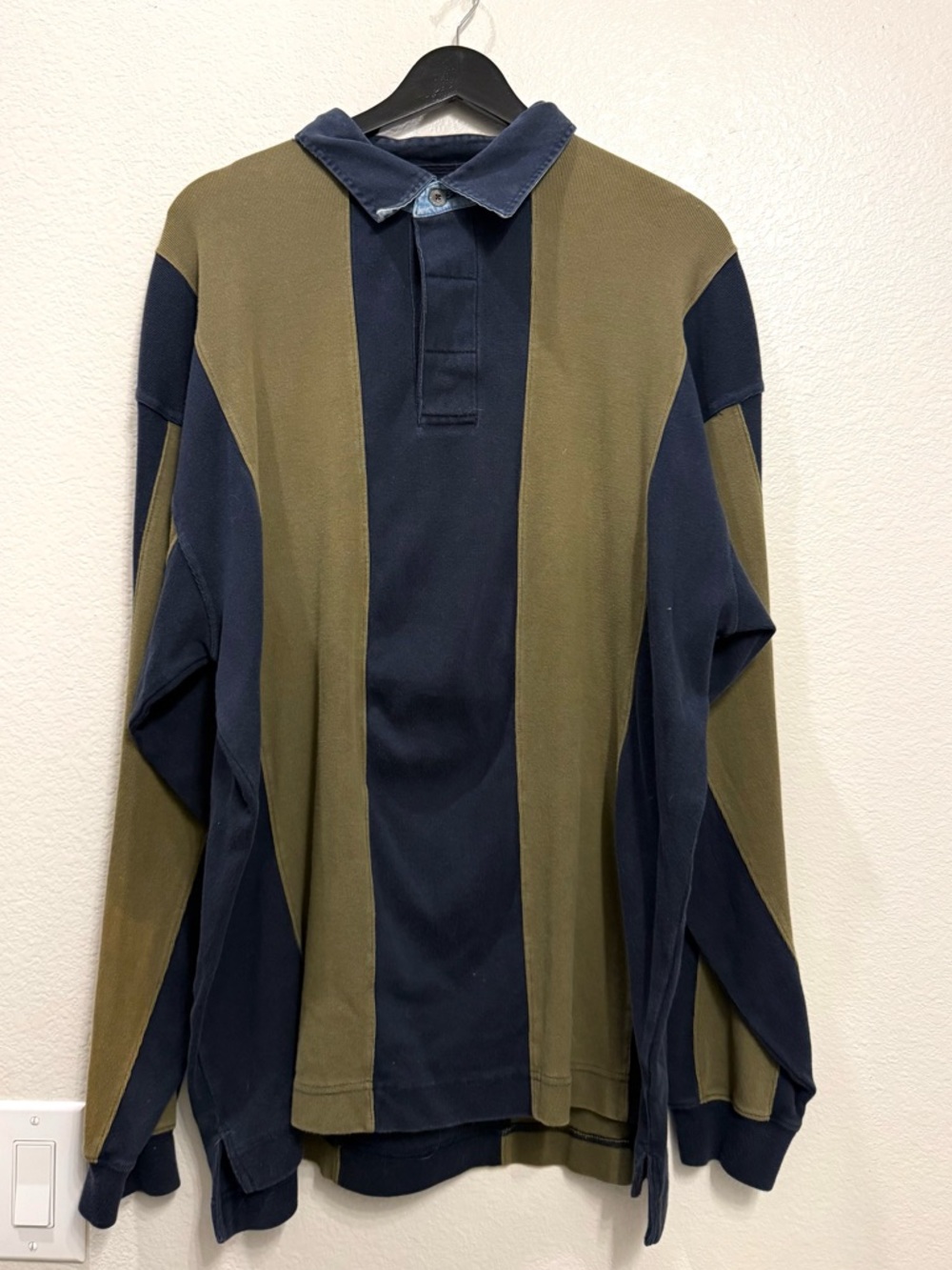 90s Vintage Men’s Collared Thick Rugby Long Sleeve Green/Navy Polo XL 26x29